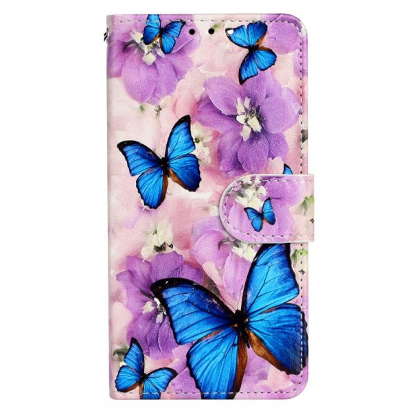 iPhone 15 Plus Etui Motiv Lilla Blomster Blå Sommerfugler