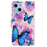 iPhone 15 Plus Etui Motiv Lilla Blomster Blå Sommerfugler