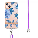iPhone 15 Plus Deksel Blomstermønster Stropp Blå Pion