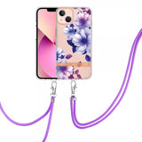 iPhone 15 Plus Deksel Blomstermønster Stropp Lilla Begonia