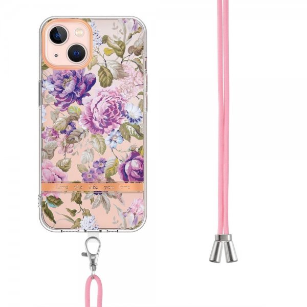iPhone 15 Plus Deksel Blomstermønster Stropp Lilla Pion