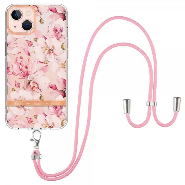 iPhone 15 Plus Deksel Blomstermønster Stropp Rosa Gardenia