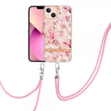 iPhone 15 Plus Deksel Blomstermønster Stropp Rosa Gardenia
