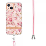iPhone 15 Plus Deksel Blomstermønster Stropp Rosa Gardenia