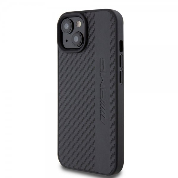 Mercedes Benz iPhone 15 Plus Deksel Carbon Effect Leather Stripe AMG Svart