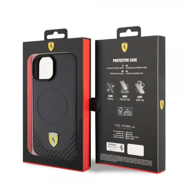 Ferrari iPhone 15 Plus Deksel Carbon PU Leather MagSafe Svart