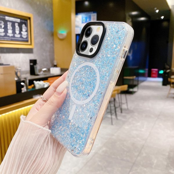 iPhone 15 Plus Deksel Glitter MagSafe Blå