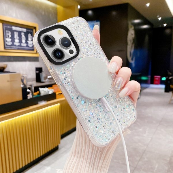 iPhone 15 Plus Deksel Glitter MagSafe Hvit