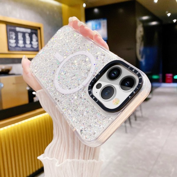 iPhone 15 Plus Deksel Glitter MagSafe Hvit