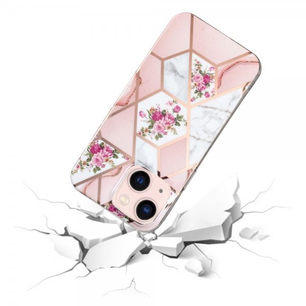 iPhone 15 Plus Deksel Marmormønster Blomster Rosa