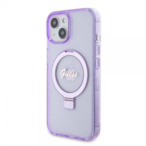 Guess iPhone 15 Plus Deksel Ring Stand Glitter MagSafe Lilla