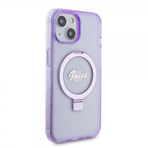 Guess iPhone 15 Plus Deksel Ring Stand Glitter MagSafe Lilla