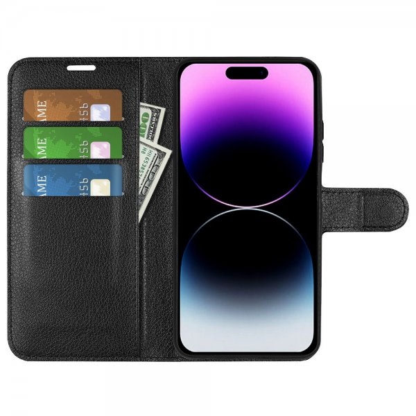 iPhone 15 Pro Etui Litchi Svart