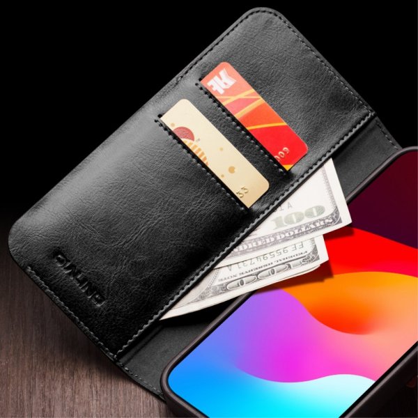 Qialino iPhone 15 Pro Max Etui Ekte Skinn Svart