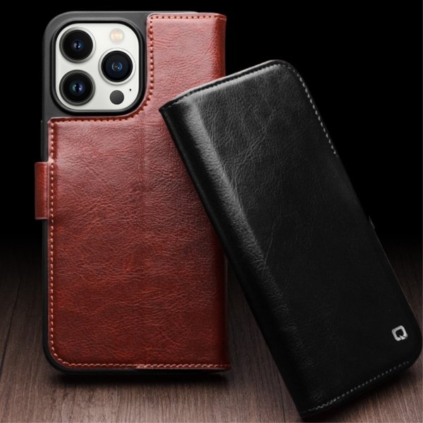 Qialino iPhone 15 Pro Max Etui Ekte Skinn Svart
