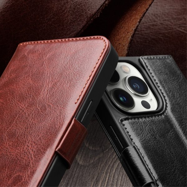 Qialino iPhone 15 Pro Max Etui Ekte Skinn Svart