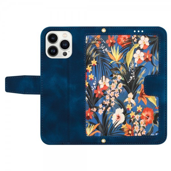 iPhone 15 Pro Max Etui Blomstermønster Mørkeblå