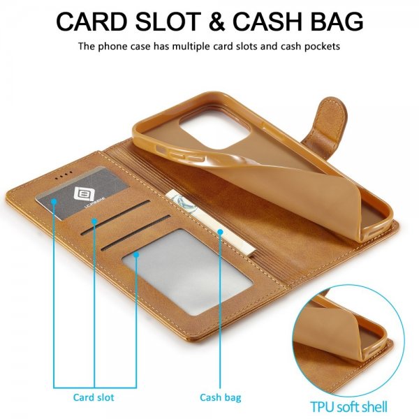 Lc.Imeeke iPhone 15 Pro Max Etui med Kortlomme stativfunksjon Lysebrun