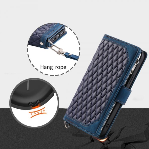 iPhone 15 Pro Max Etui Rombemønster Glidelås Blå