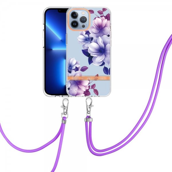 iPhone 15 Pro Max Deksel Blomstermønster Stropp Lilla Begonia