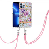 iPhone 15 Pro Max Deksel Blomstermønster Stropp Lilla Pion