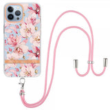 iPhone 15 Pro Max Deksel Blomstermønster Stropp Rosa Gardenia
