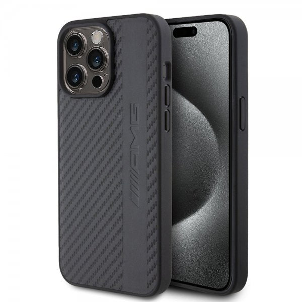 Mercedes Benz iPhone 15 Pro Max Deksel Carbon Effect Leather Stripe AMG Svart