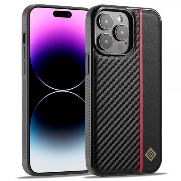 Lc.Imeeke iPhone 15 Pro Max Deksel Karbonfibertekstur Rød Stripe Svart
