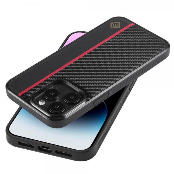 Lc.Imeeke iPhone 15 Pro Max Deksel Karbonfibertekstur Rød Stripe Svart