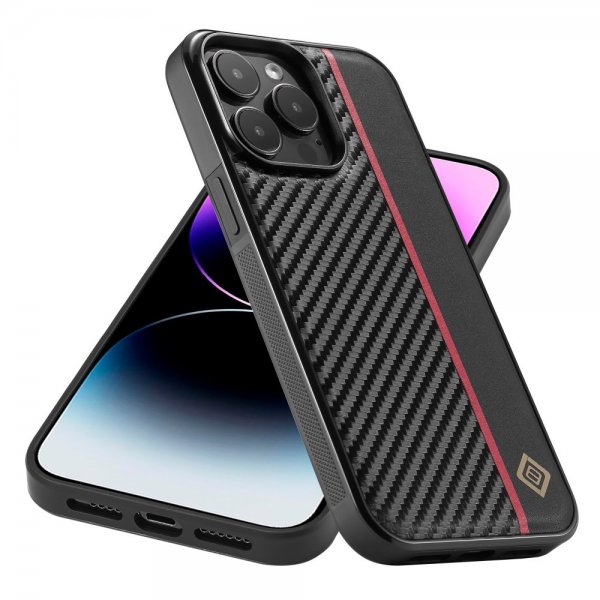 Lc.Imeeke iPhone 15 Pro Max Deksel Karbonfibertekstur Rød Stripe Svart