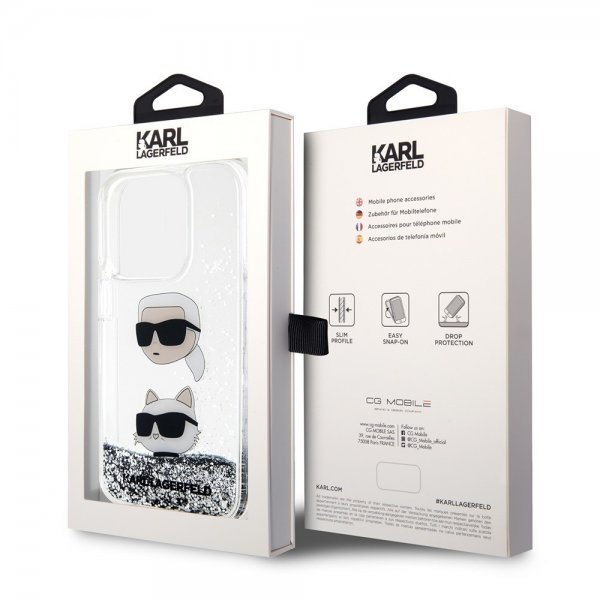 Karl Lagerfeld iPhone 15 Pro Max Deksel Liquid Glitter Karl & Choupette Sølv