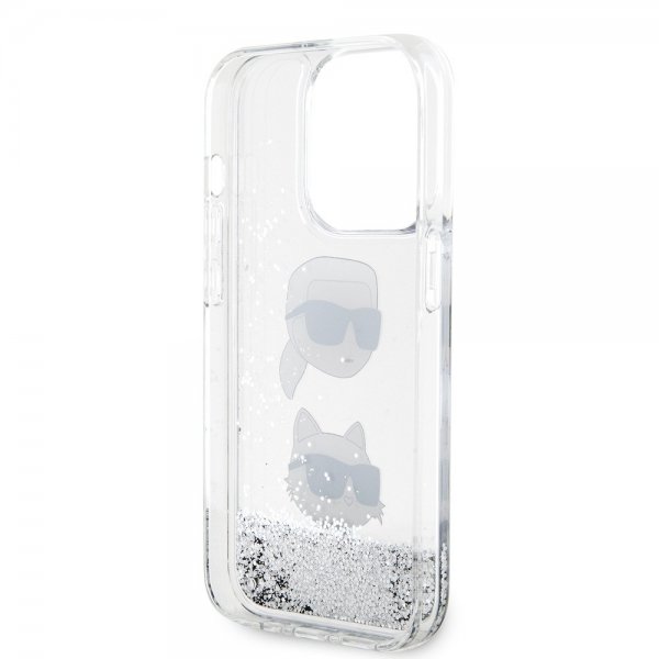 Karl Lagerfeld iPhone 15 Pro Max Deksel Liquid Glitter Karl & Choupette Sølv