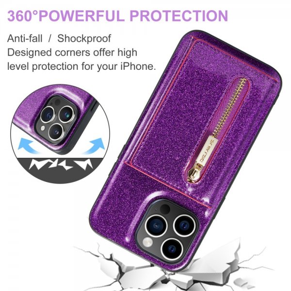 Dg.Ming iPhone 15 Pro Max Deksel M3 Series Avtakbart Kortholder Glitter Lilla