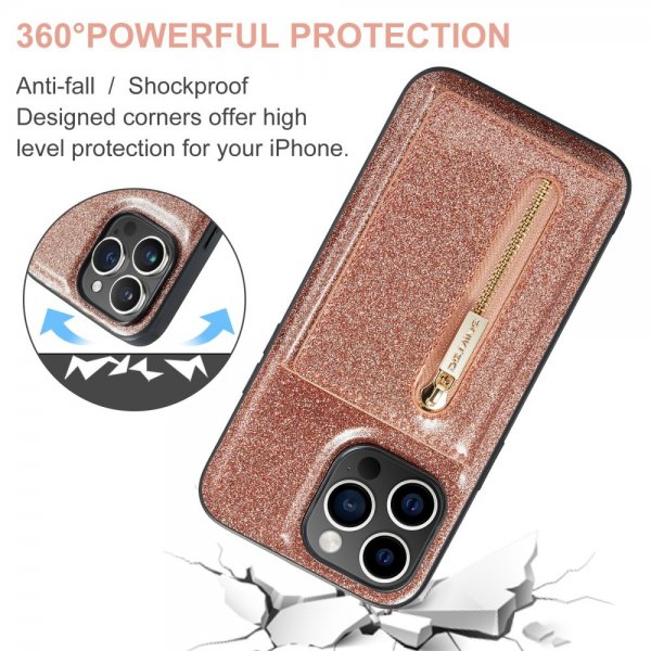 Dg.Ming iPhone 15 Pro Max Deksel M3 Series Avtakbart Kortholder Glitter Rosegull