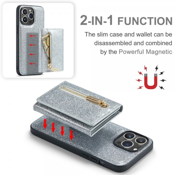 Dg.Ming iPhone 15 Pro Max Deksel M3 Series Avtakbart Kortholder Glitter Sølv
