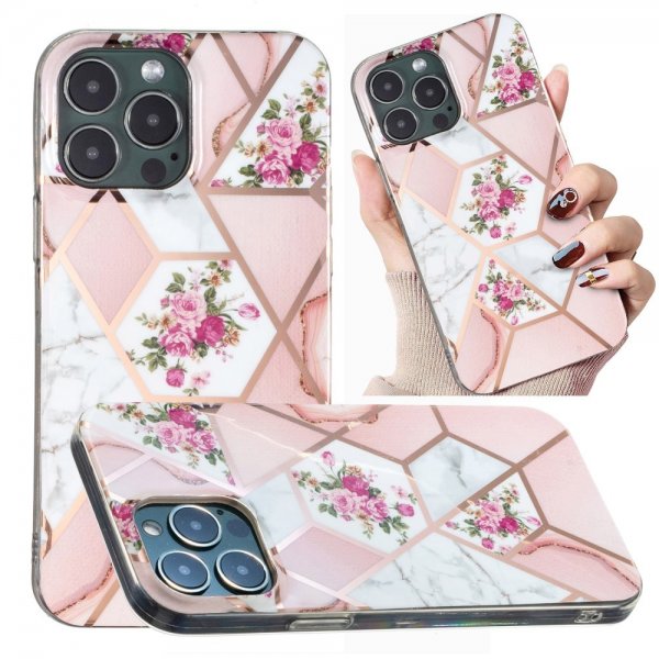 iPhone 15 Pro Max Deksel Marmormønster Blomster Rosa