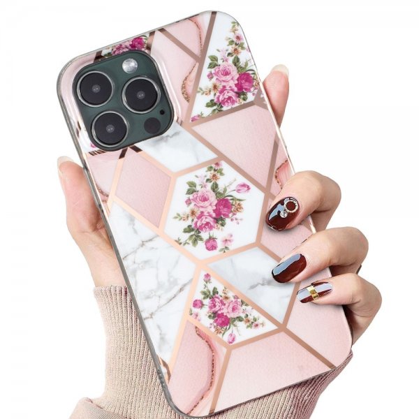 iPhone 15 Pro Max Deksel Marmormønster Blomster Rosa