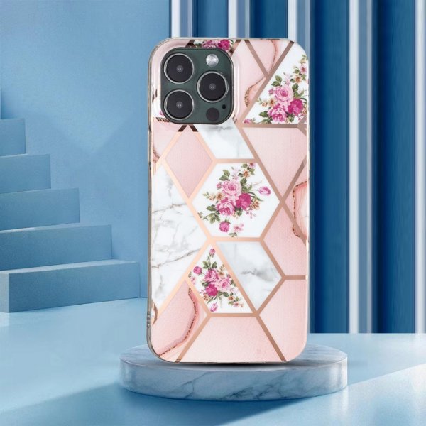 iPhone 15 Pro Max Deksel Marmormønster Blomster Rosa