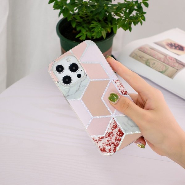 iPhone 15 Pro Max Deksel Marmormønster Rød Rosa