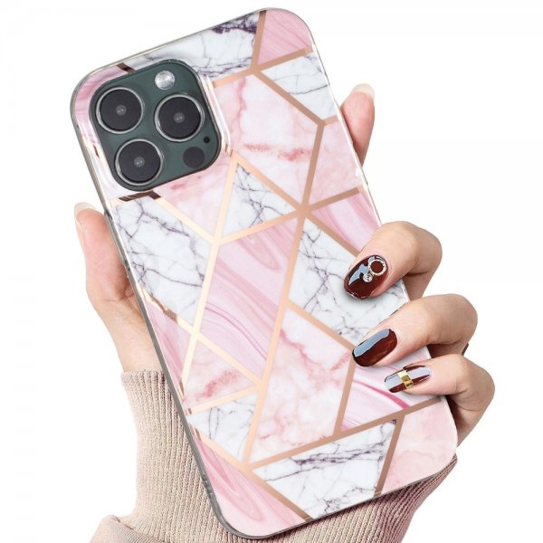 iPhone 15 Pro Max Deksel Marmormønster Rosa Hvit