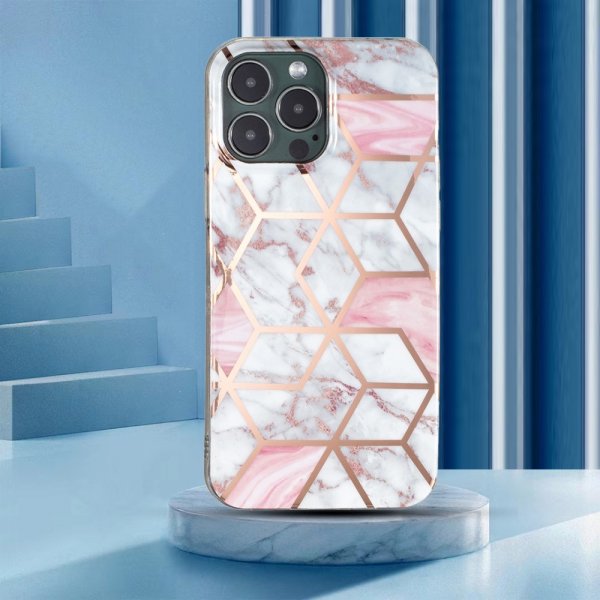 iPhone 15 Pro Max Deksel Marmormønster Hvit Rosa