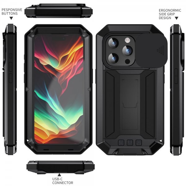 R-JUST iPhone 15 Pro Max Deksel Metall Støtsikker Kamerabeskyttelse Svart