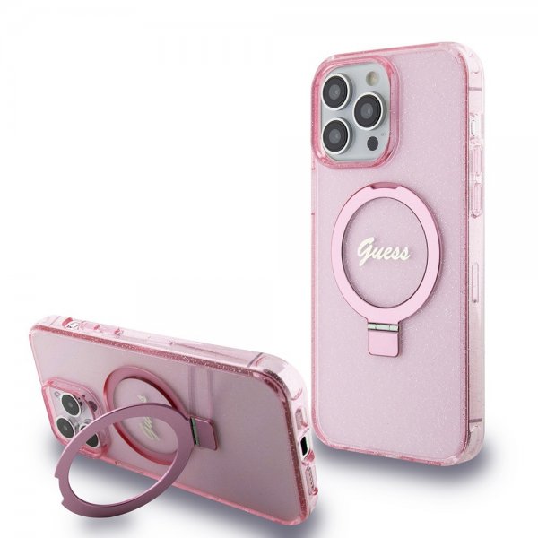 Guess iPhone 15 Pro Max Deksel Ring Stand Glitter MagSafe Rosa