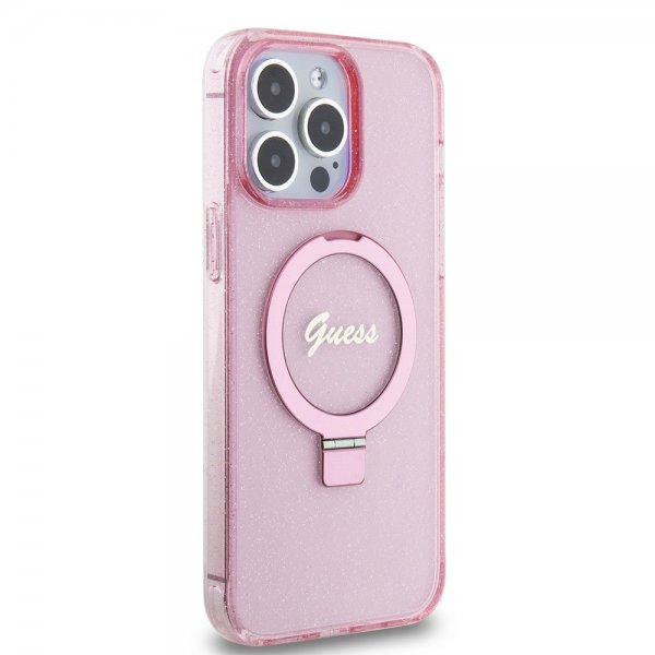 Guess iPhone 15 Pro Max Deksel Ring Stand Glitter MagSafe Rosa