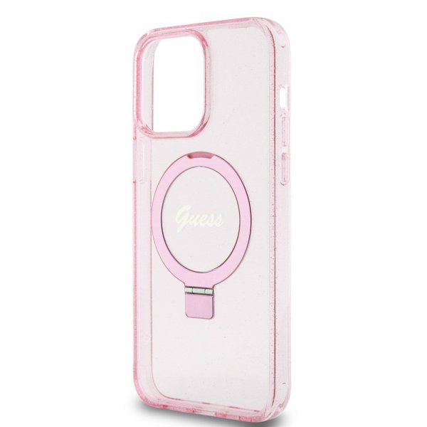 Guess iPhone 15 Pro Max Deksel Ring Stand Glitter MagSafe Rosa