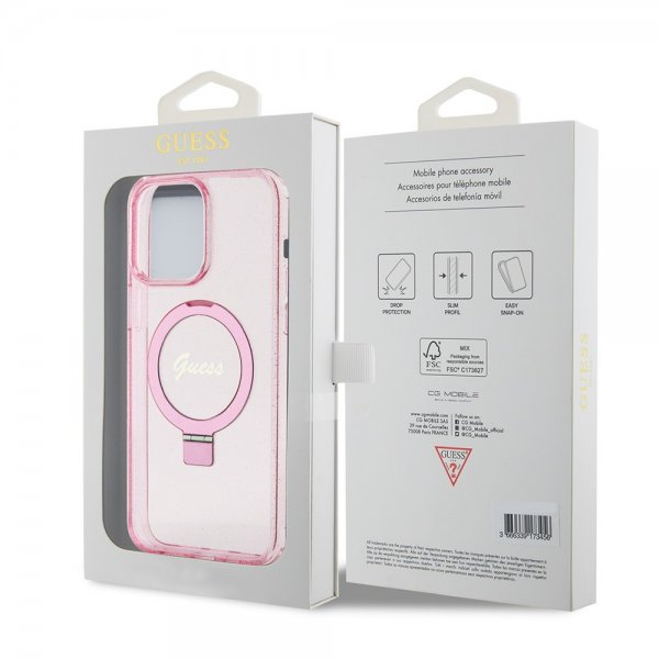 Guess iPhone 15 Pro Max Deksel Ring Stand Glitter MagSafe Rosa