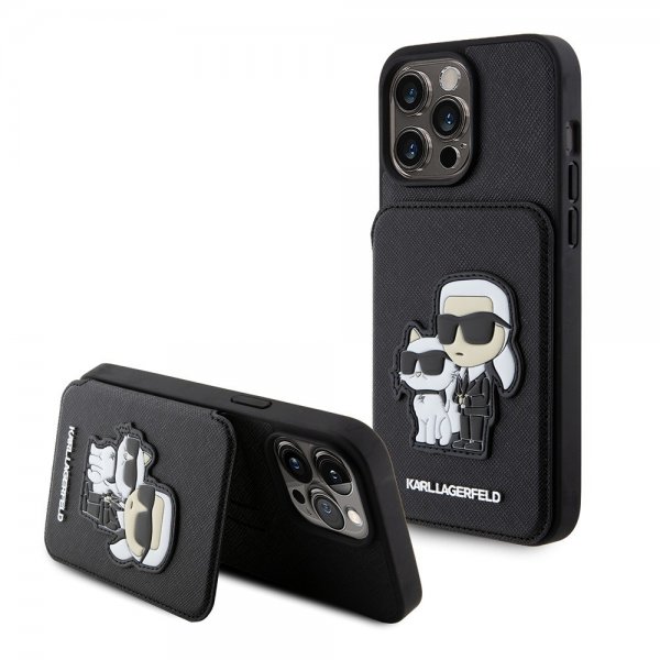 Karl Lagerfeld iPhone 15 Pro Max Deksel Saffiano Card Slots & Stand Svart