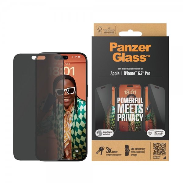 PanzerGlass iPhone 15 Pro Max Skjermbeskytter Ultra-Wide Fit Privacy EasyAligner