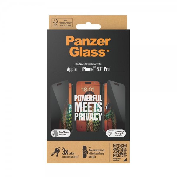 PanzerGlass iPhone 15 Pro Max Skjermbeskytter Ultra-Wide Fit Privacy EasyAligner