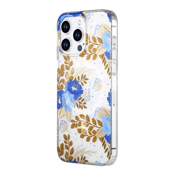 iPhone 15 Pro Deksel Blomstermønster MagSafe Blå Gull